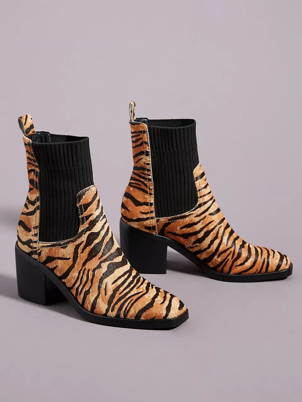 NWOT Silent D Nirvani Knit Chelsea Tiger Print Ankle Boots with Black Knit Shaft